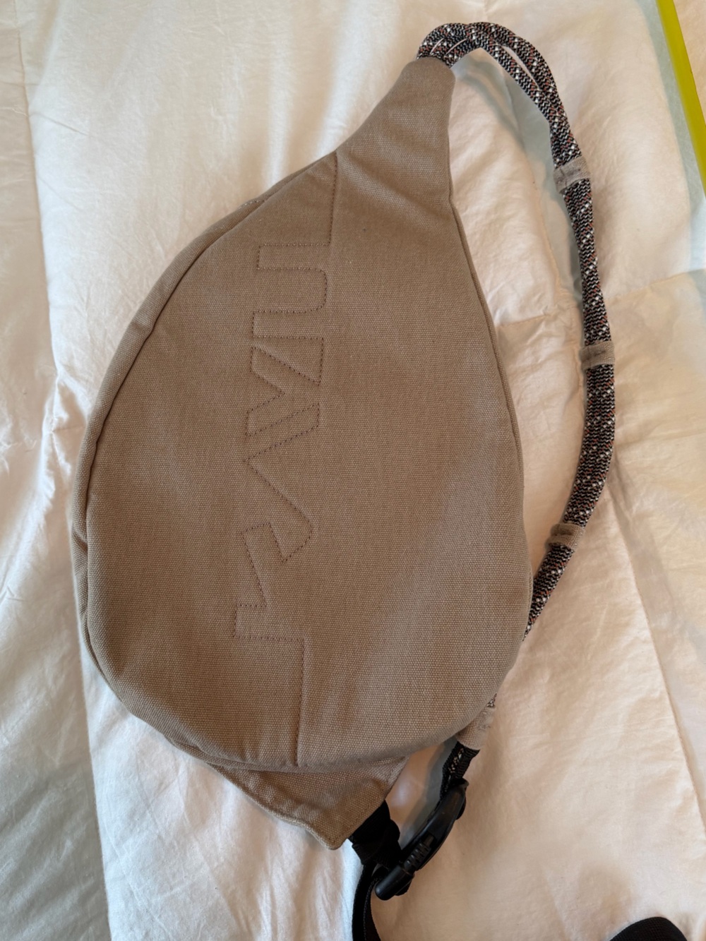 Mini Kavu Beige/Tan/Taupe Canvas Sling Pack with Patterned Strap - Picture 6 of 6